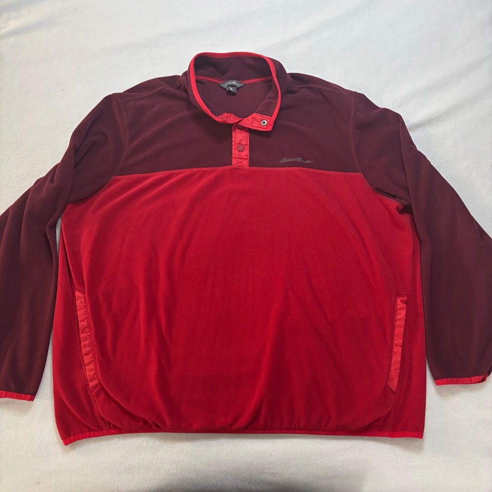 Eddie Bauer Mens 3XL Fleece Pullover Snap Mock Neck Colorblock Red Burgundy